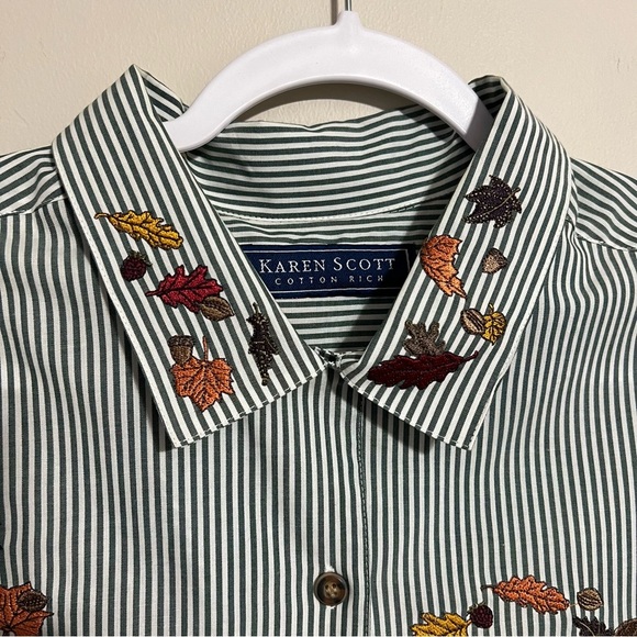 Karen Scott Striped Embroidered Fall Autumn Leaves Button Down Blouse size XL - Picture 3 of 10